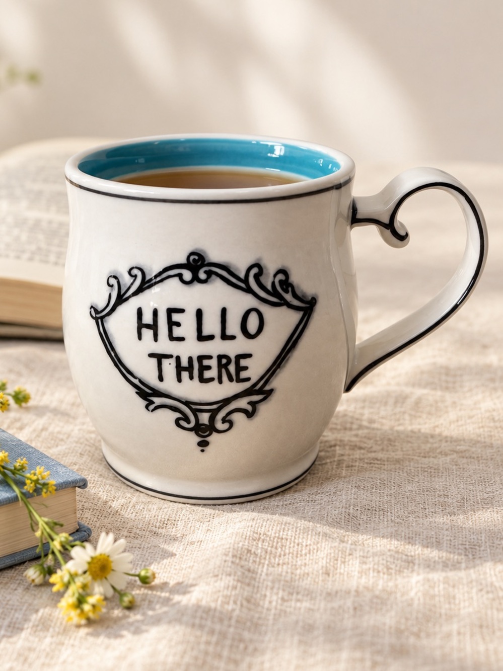 Anthropologie Molly Hatch Hello There Ceramic Mug Blue Striped Interior 12oz